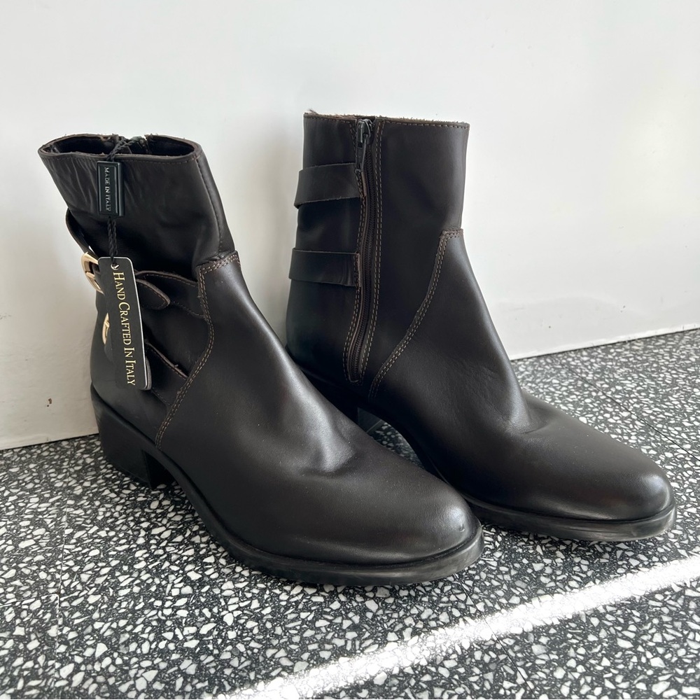 Emanuele Crasto Brown Leather Ankle Boots Double Buckle Size 40 - Picture 7 of 10